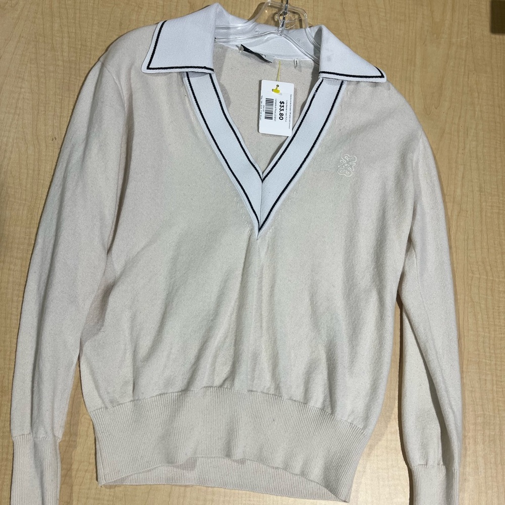 Cream V-Neck Sweater with Collar